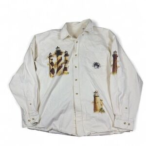 Lighthouse Button Up Shirt Mens Medium Cream Cotton Nautical Graphic Vintage